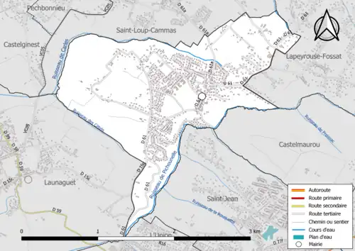 Carte en couleur présentant le réseau hydrographique de la commune