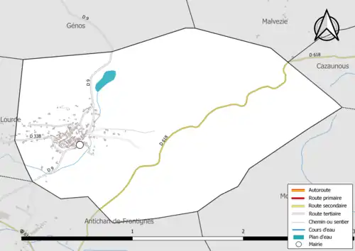 Carte en couleur présentant le réseau hydrographique de la commune
