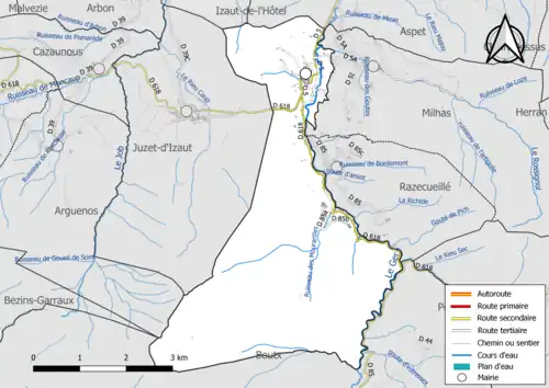 Carte en couleur présentant le réseau hydrographique de la commune