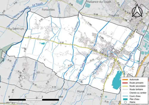 Carte en couleur présentant le réseau hydrographique de la commune