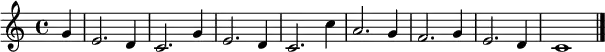 \relative c'' {
\version "2.18.2"
\key c \major
\time 4/4
\tempo ""
\tempo 2 = 70
\partial 4 g4
e2. d4
c2. g'4
e2. d4
c2. c'4
a2. g4
f2. g4
e2. d4
c1 \bar "|."
}