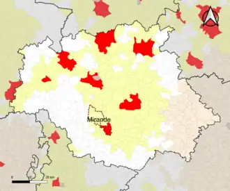 Localisation de l'aire d'attraction de Mirande dans le département du Gers.