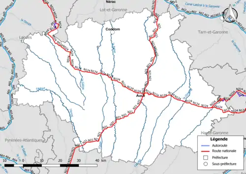 Carte du réseau routier national (autoroutes et routes nationales) dans le département du Gers