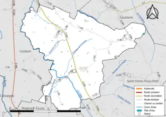 Carte en couleur présentant le réseau hydrographique de la commune