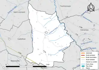 Carte en couleur présentant le réseau hydrographique de la commune