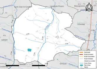 Carte en couleur présentant le réseau hydrographique de la commune