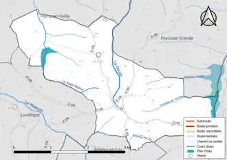 Carte en couleur présentant le réseau hydrographique de la commune