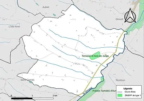 Carte des ZNIEFF de type 1 sur la commune.