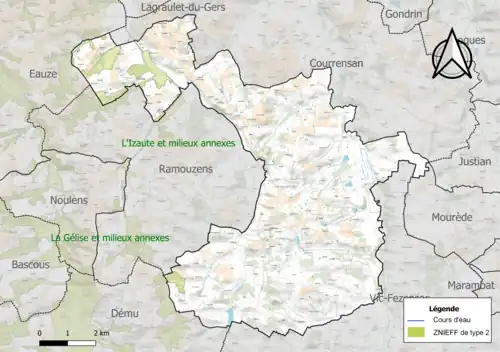 Carte de la ZNIEFF de type 2 sur la commune.
