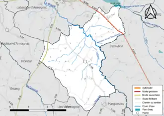 Carte en couleur présentant le réseau hydrographique de la commune