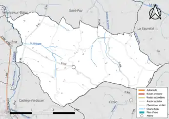 Carte en couleur présentant le réseau hydrographique de la commune