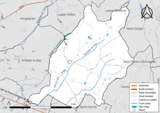 Carte en couleur présentant le réseau hydrographique de la commune