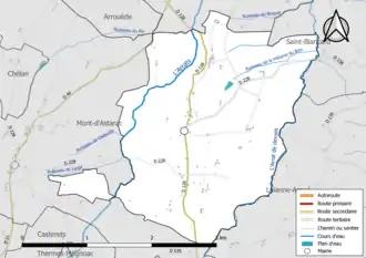Carte en couleur présentant le réseau hydrographique de la commune