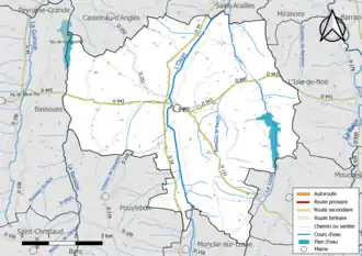 Carte en couleur présentant le réseau hydrographique de la commune