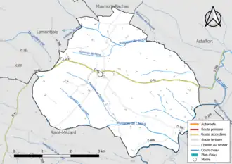 Carte en couleur présentant le réseau hydrographique de la commune