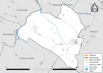 Carte en couleur présentant le réseau hydrographique de la commune