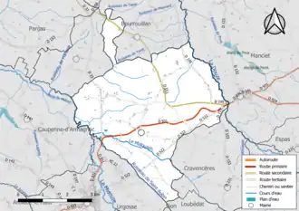 Carte en couleur présentant le réseau hydrographique de la commune