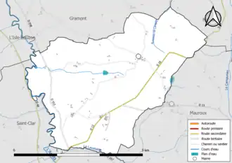 Carte en couleur présentant le réseau hydrographique de la commune