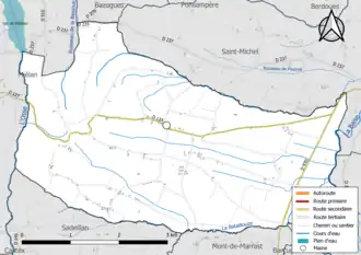 Carte en couleur présentant le réseau hydrographique de la commune