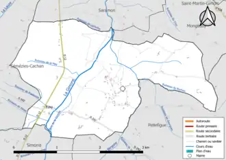 Carte en couleur présentant le réseau hydrographique de la commune