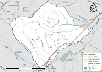 Carte en couleur présentant le réseau hydrographique de la commune