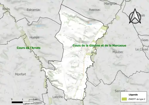 Carte des ZNIEFF de type 2 sur la commune.
