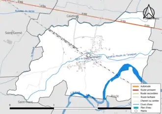Carte en couleur présentant le réseau hydrographique de la commune