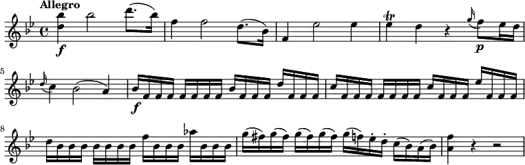 \relative c'' {
\version "2.18.2"
\key bes \major
\time 4/4
\tempo "Allegro"
\tempo 4 = 110
<d bes'>4 \f bes'2 d8. (bes16)
f4 f2 d8. (bes16)
f4 ees'2 ees4
ees\trill d r \grace g16 (f8) \p ees16 d
\grace d16 (c4) bes2 (a4)
bes16 \f f f f f f f f bes f f f d' f, f f
c' f, f f f f f f c' f, f f ees' f, f f
d' bes bes bes bes bes bes bes f' bes, bes bes aes' bes, bes bes
g' (fis) g (fis) g (fis) g (fis) g (f) ees-. d-. c (bes) a (bes)
<a f'>4 r r2
}
