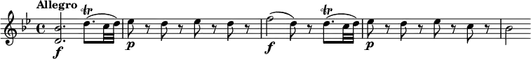 \relative c'' {
\override Score.NonMusicalPaperColumn #'line-break-permission = ##f
\version "2.18.2"
\key bes \major
\tempo "Allegro"
\tempo 4 = 140
<bes d,>2.\f d8.\trill( c32 d) |
es8\p r d r es r d r |
f2\f (d8) r d8.\trill( c32 d) |
es8\p r d r es r c r |
bes2
}