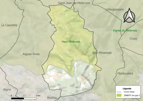 Carte de la ZNIEFF de type 2 sur la commune.