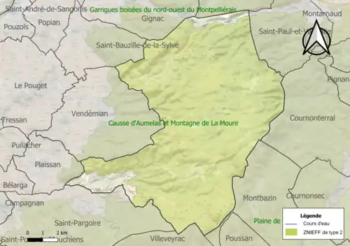 Carte de la ZNIEFF de type 2 sur la commune.