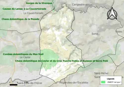 Carte des ZNIEFF de type 1 sur la commune.