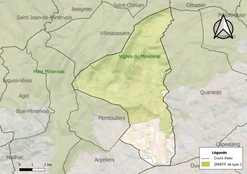 Carte des ZNIEFF de type 2 sur la commune.