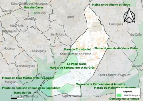 Carte des ZNIEFF de type 1 sur la commune.