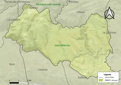 Carte de la ZNIEFF de type 2 sur la commune.