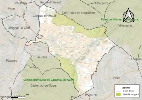 Carte des ZNIEFF de type 2 sur la commune.