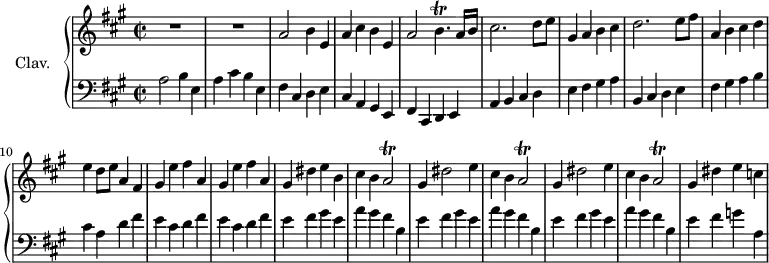 \version "2.18.2"
\header {
tagline = ##f
% composer = "Domenico Scarlatti"
% opus = "K. 83"
% meter = "Allegro"
}
%% les petites notes
trillBp = { \tag #'print { b4.\trill } \tag #'midi { cis32 b cis b~ b4 } }
trillAb = { \tag #'print { a2\trill } \tag #'midi { b32 a b a~ a8~ a4 } }
upper = \relative c'' {
\clef treble
\key a \major
\time 2/2
\tempo 2 = 88
\set Staff.midiInstrument = #"harpsichord"
\override TupletBracket.bracket-visibility = ##f
%s8*0^\markup{Allegro}
R1*2 | a2 b4 e, | a cis b e, |
% ms. 5
a2 \trillBp a16 b | cis2. d8 e | gis,4 a b cis | d2. e8 fis | a,4 b cis d |
% ms. 10
e4 d8 e a,4 fis | \repeat unfold 2 { gis4 e' fis a, } | gis4 dis' e b | cis b \trillAb
% ms. 15
\repeat unfold 2 { gis4 dis'2 e4 | cis b \trillAb } | gis4 dis' e c |
}
lower = \relative c' {
\clef bass
\key a \major
\time 2/2
\set Staff.midiInstrument = #"harpsichord"
\override TupletBracket.bracket-visibility = ##f
% **************************************
a2 b4 e, | a cis b e, | fis cis d e | cis a gis e |
% ms. 5
fis4 cis d e | a b cis d | e fis gis a | b, cis d e | fis gis a b |
% ms. 10
cis4 a d fis | \repeat unfold 2 { e cis d fis } | \repeat unfold 3 { e4 fis gis e | a gis fis b, } | e4 fis g a, |
% ms. 15
}
thePianoStaff = \new PianoStaff <<
\set PianoStaff.instrumentName = #"Clav."
\new Staff = "upper" \upper
\new Staff = "lower" \lower
>>
\score {
\keepWithTag #'print \thePianoStaff
\layout {
#(layout-set-staff-size 17)
\context {
\Score
\override SpacingSpanner.common-shortest-duration = #(ly:make-moment 1/2)
\remove "Metronome_mark_engraver"
}
}
}
\score {
\keepWithTag #'midi \thePianoStaff
\midi { }
}