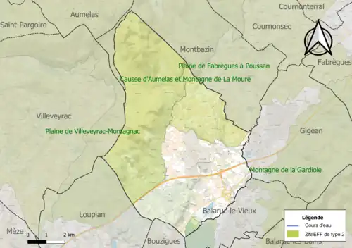 Carte des ZNIEFF de type 2 sur la commune.