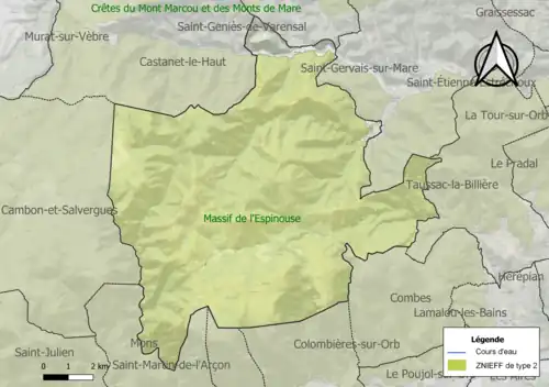 Carte de la ZNIEFF de type 2 sur la commune.