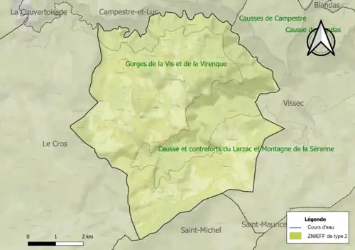 Carte des ZNIEFF de type 2 sur la commune.