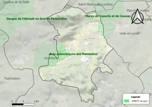 Carte des ZNIEFF de type 1 sur la commune.