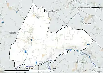Carte en couleur présentant le réseau hydrographique de la commune