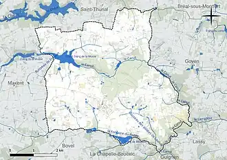 Carte en couleur présentant le réseau hydrographique de la commune