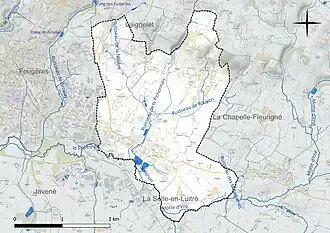 Carte en couleur présentant le réseau hydrographique de la commune