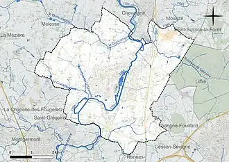 Carte en couleur présentant le réseau hydrographique de la commune
