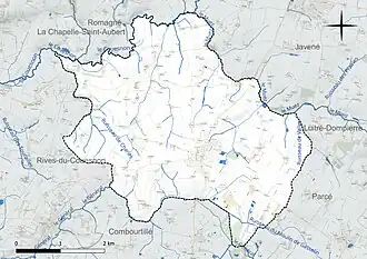 Carte en couleur présentant le réseau hydrographique de la commune