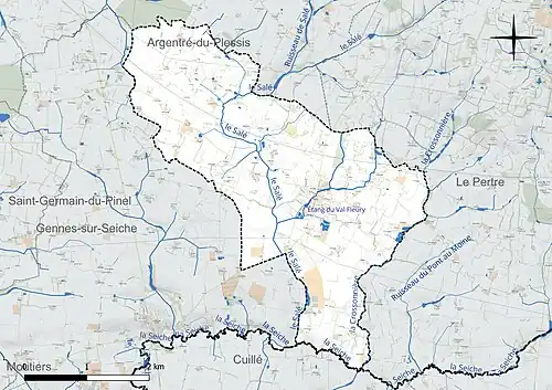 Carte en couleur présentant le réseau hydrographique de la commune