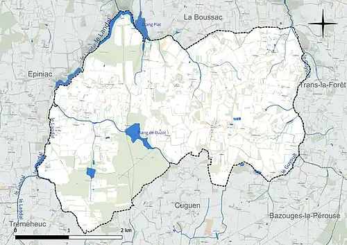 Carte en couleur présentant le réseau hydrographique de la commune
