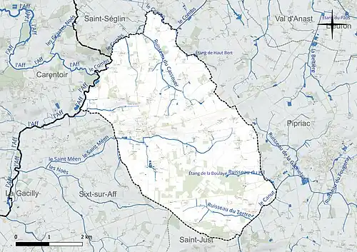 Carte en couleur présentant le réseau hydrographique de la commune