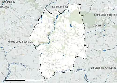 Carte en couleur présentant le réseau hydrographique de la commune